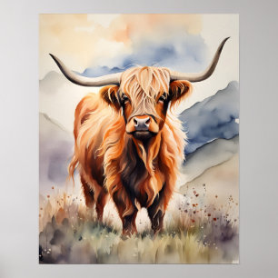 Schotse Hooglandrund Aquarel Boerderij Muur Kunst Poster