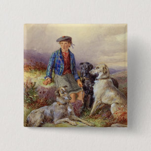 Schotse jongen met wolfhonden in een hoogland land vierkante button 5,1 cm
