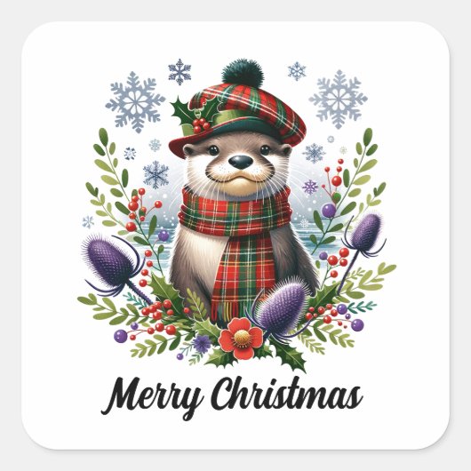Schotse kerst otter kerst met distel vierkante sticker (Voorkant)