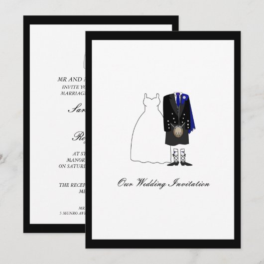Schotse kilt Wedding Invitation - Blue & Black Kaart (Voorkant / Achterkant)