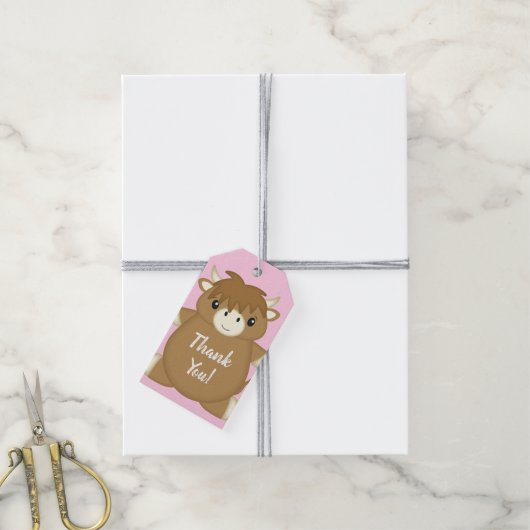 Schotse Koe Baby shower roze Cadeaulabel (Met Touw)