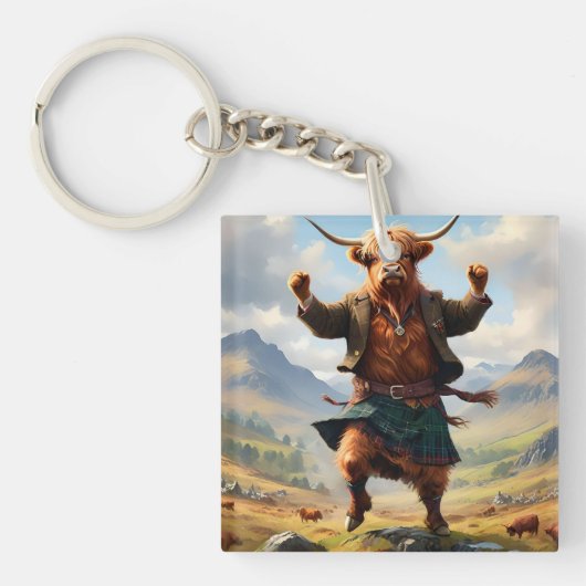 Schotse koe danst de Highland Fling, Sleutelhanger (voorkant)