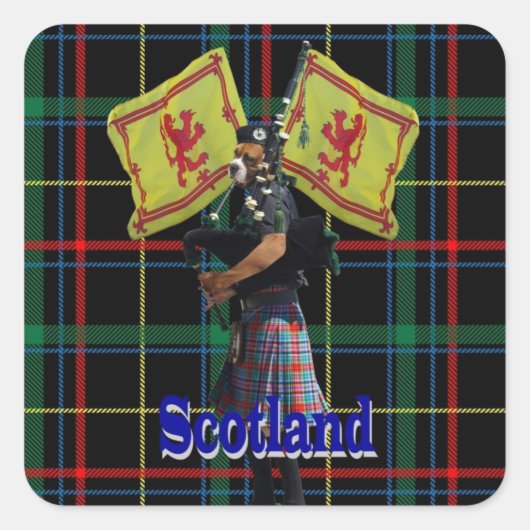 Schotse piper op tartan vierkante sticker (Voorkant)