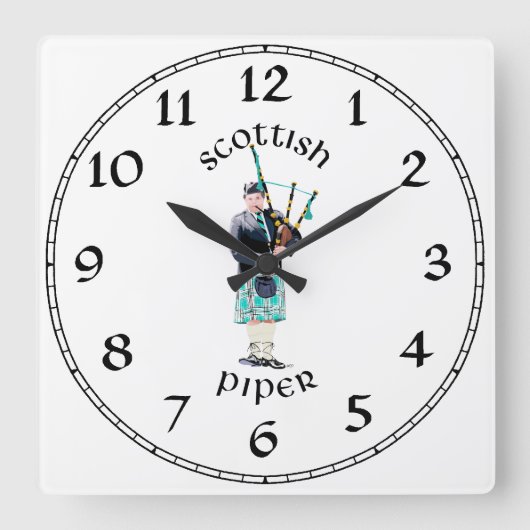 Schotse Piper - Turquoise Plaid Vierkante Klok (Voorkant)