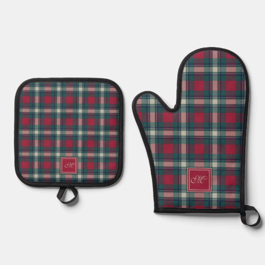 Schotse Rood Groene Moderne Schotse Tartan Gebordu Ovenwant & Pannenlap Set (Voorkant)