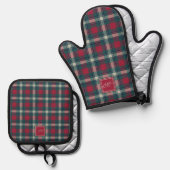 Schotse Rood Groene Moderne Schotse Tartan Gebordu Ovenwant & Pannenlap Set (Voorkant / Achterkant)