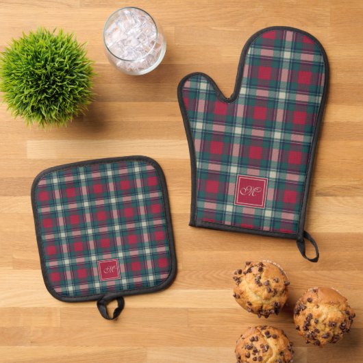 Schotse Rood Groene Moderne Schotse Tartan Gebordu Ovenwant & Pannenlap Set (Top down)