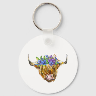 Schotse Schotse Koe met de Waterverf Flowers Sleutelhanger