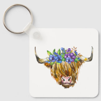 Schotse Schotse Koe met de Waterverf Flowers Sleutelhanger
