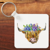 Schotse Schotse Koe met de Waterverf Flowers Sleutelhanger (Voorkant)
