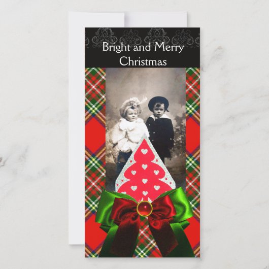 SCHOTSE TARTAN, KERSTBOOM EN RODE GROENE LINTEN FEESTDAGENKAART (Voorkant)