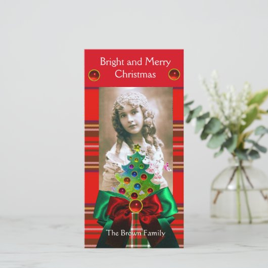 SCHOTSE TARTAN, KERSTBOOM EN RODE GROENE LINTEN FEESTDAGENKAART (Staand voorkant)