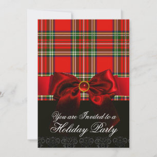 SCHOTSE TARTAN MET RODE ROBIJNEN BOOG KERSTPARTY KAART