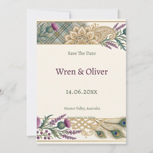 Schotse Tartan Pauw Mandala Save the Date | Sc (Voorkant)
