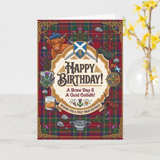 Schotse Tartan Verjaardag Kaart (Gele Bloem)