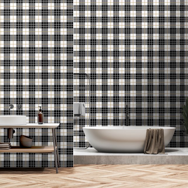 Schotse tartan zwart-wit geruit behang (Badkamer)