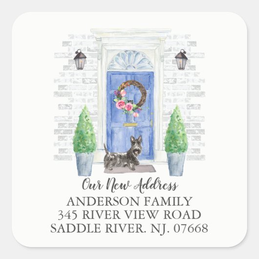 Schotse Terrier Blauwe Deur Nieuw Adreslabel Vierkante Sticker (Voorkant)