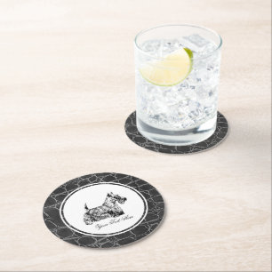 Schotse Terrier en Leer Patroon Personaliseer Ronde Kartonnen Onderzetter