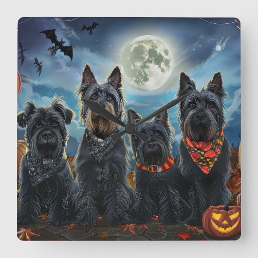 Schotse terriër Halloween Spooky Vierkante Klok (Voorkant)