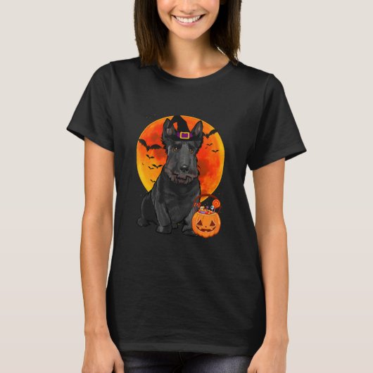 Schotse Terriër Hond Halloween Jack O Lantaarn Pom T-shirt (Voorkant)