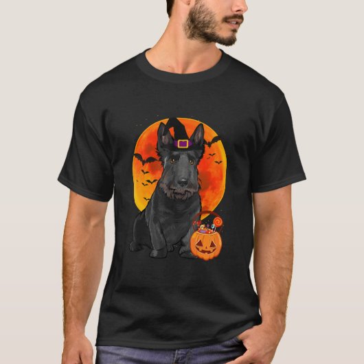 Schotse Terriër Hond Halloween Jack O Lantaarn Pom T-shirt (Voorkant)