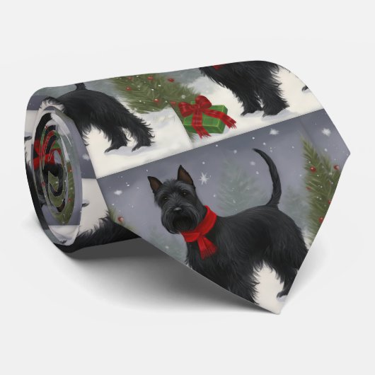 Schotse Terriër Hond in Sneeuw Kerstmis Stropdas (Opgerold)