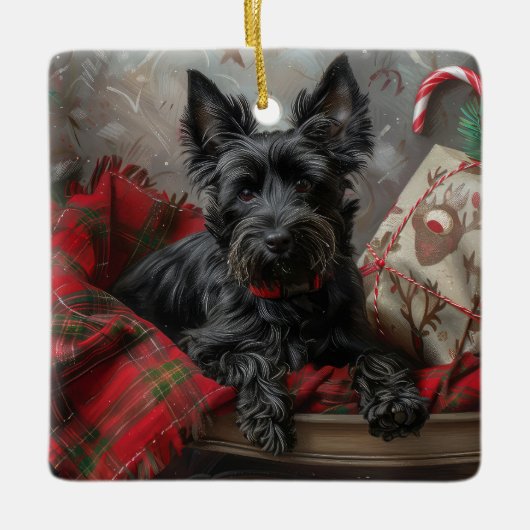 Schotse Terrier Hond Kerst Feestelijk Keramisch Ornament (Voorkant)