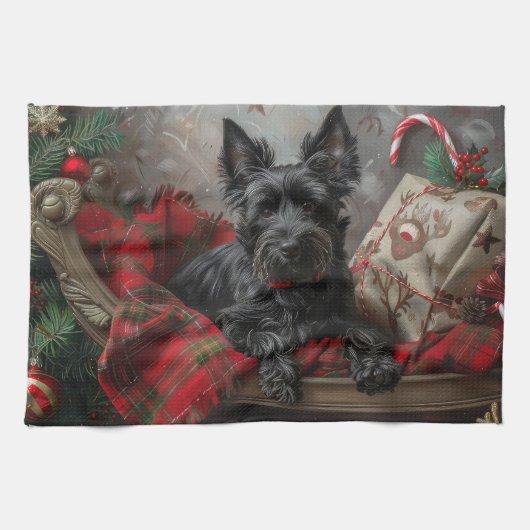 Schotse Terrier Hond Kerst Feestelijk Theedoek (Horizontaal)