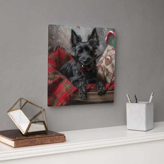 Schotse Terrier Hond Kerst Feestelijk Vierkante Klok (Kantoor)