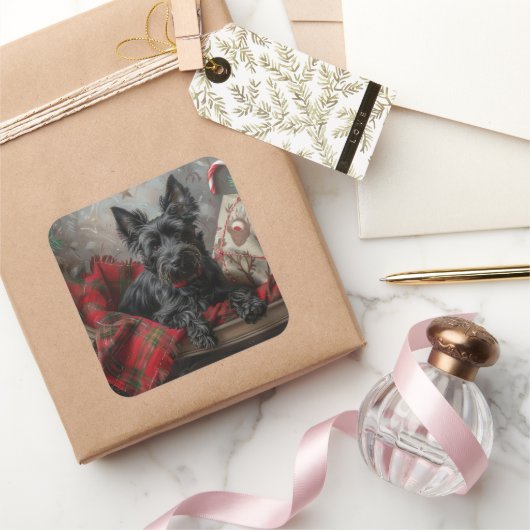 Schotse Terrier Hond Kerst Feestelijk Vierkante Sticker (Geschenken)