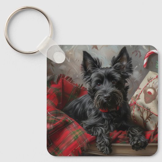Schotse Terriër Hond Kerstfeest Sleutelhanger (Voorkant)