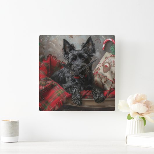 Schotse Terriër Hond Kerstfeest Vierkante Klok (Huis)