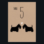 Schotse Terriër Hond Silhouetten bruiloft receptie Kaart<br><div class="desc">Zwarte Schotse Terriër bruid en bruidegom silhouetten met hart. Een kraft papieren stijl bruiloft receptie tafel kaart voor Scottie Hondenliefhebbers. Elke kaart moet afzonderlijk worden genummerd en aan het winkelwagentje worden toegevoegd. Bezoek Jenn's Doodle World voor nog meer hondenras tafelkaarten en Scottie-thema bruiloftsplanningsproducten.</div>