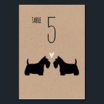 Schotse Terriër Hond Silhouetten bruiloft receptie Kaart<br><div class="desc">Zwarte Schotse Terriër bruid en bruidegom silhouetten met hart. Een kraft papieren stijl bruiloft receptie tafel kaart voor Scottie Hondenliefhebbers. Elke kaart moet afzonderlijk worden genummerd en aan het winkelwagentje worden toegevoegd. Bezoek Jenn's Doodle World voor nog meer hondenras tafelkaarten en Scottie-thema bruiloftsplanningsproducten.</div>