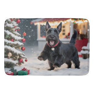 Schotse Terriër Hond Speelt Kerstsneeuw Badmat