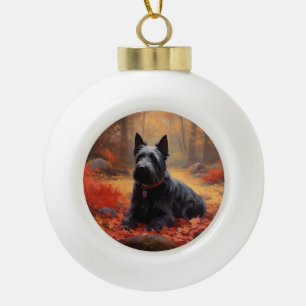 Schotse Terrier in de herfstbladeren val inspireer Keramische Bal Ornament