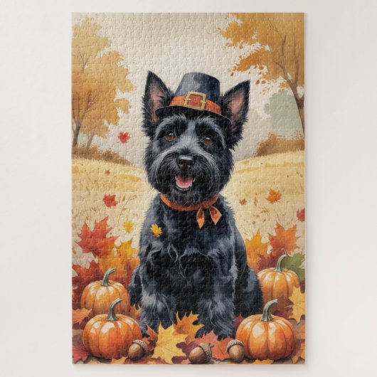 Schotse Terrier in herfstbladeren Thanksgiving kun Legpuzzel (Verticaal)