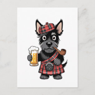 Schotse Terrier in Schotse Kilt met Bier en Pijp Briefkaart