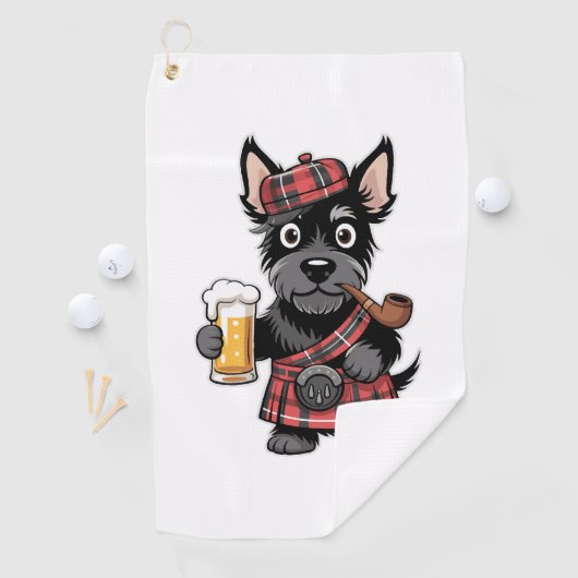 Schotse Terriër in Tartan Kilt met bier en pijp Golfhanddoek (Insitu)