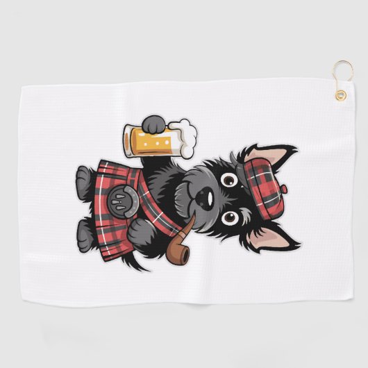 Schotse Terriër in Tartan Kilt met bier en pijp Golfhanddoek (Horizontaal)