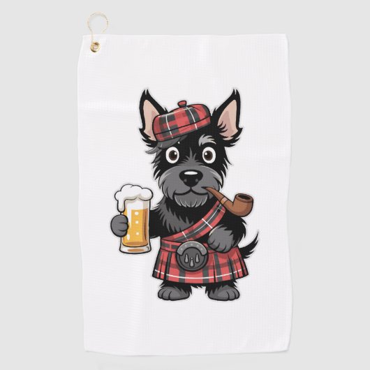 Schotse Terriër in Tartan Kilt met bier en pijp Golfhanddoek (Voorkant)