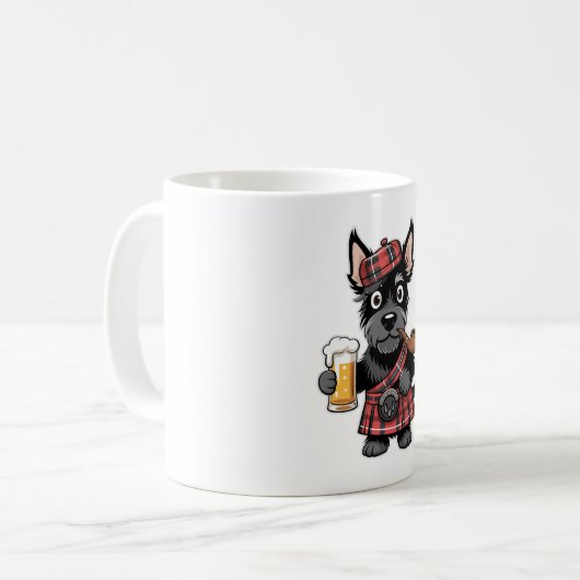 Schotse Terriër in Tartan Kilt met bier en pijp Koffiemok (Voorkant links)