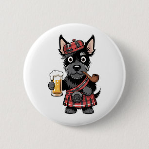 Schotse Terriër in Tartan Kilt met bier en pijp Ronde Button 5,7 Cm