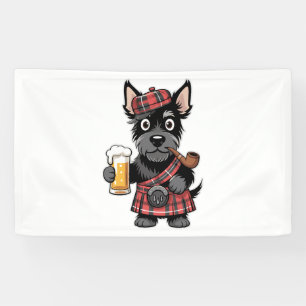 Schotse Terriër in Tartan Kilt met bier en pijp Spandoek