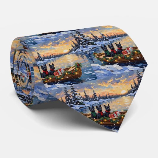 Schotse Terriër Kerstboot Vakantie Stropdas (Opgerold)