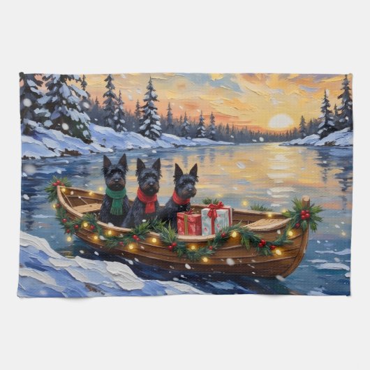 Schotse Terrier Kerstboot Vakantie Theedoek (Horizontaal)