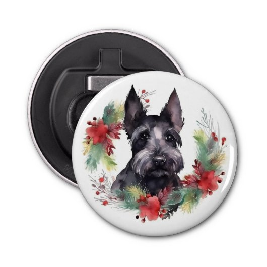 Schotse Terriër Kerstkrans Feestelijke Pup Button Flesopener (Voorkant)