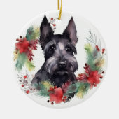 Schotse Terriër Kerstkrans Feestelijke Pup Keramisch Ornament (Voorkant)