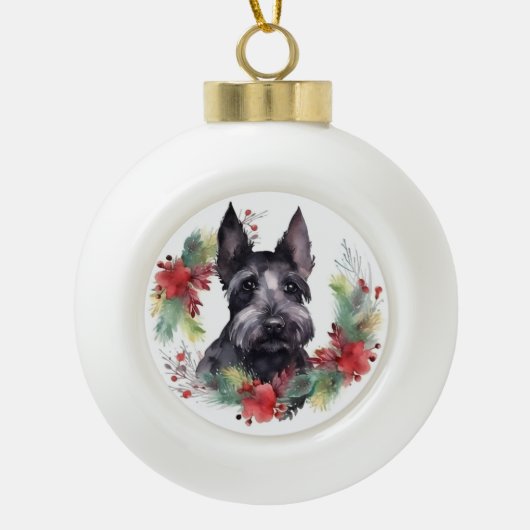 Schotse Terriër Kerstkrans Feestelijke Pup Keramische Bal Ornament (Voorkant)