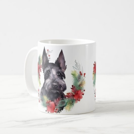Schotse Terriër Kerstkrans Feestelijke Pup Koffiemok (Voorkant links)